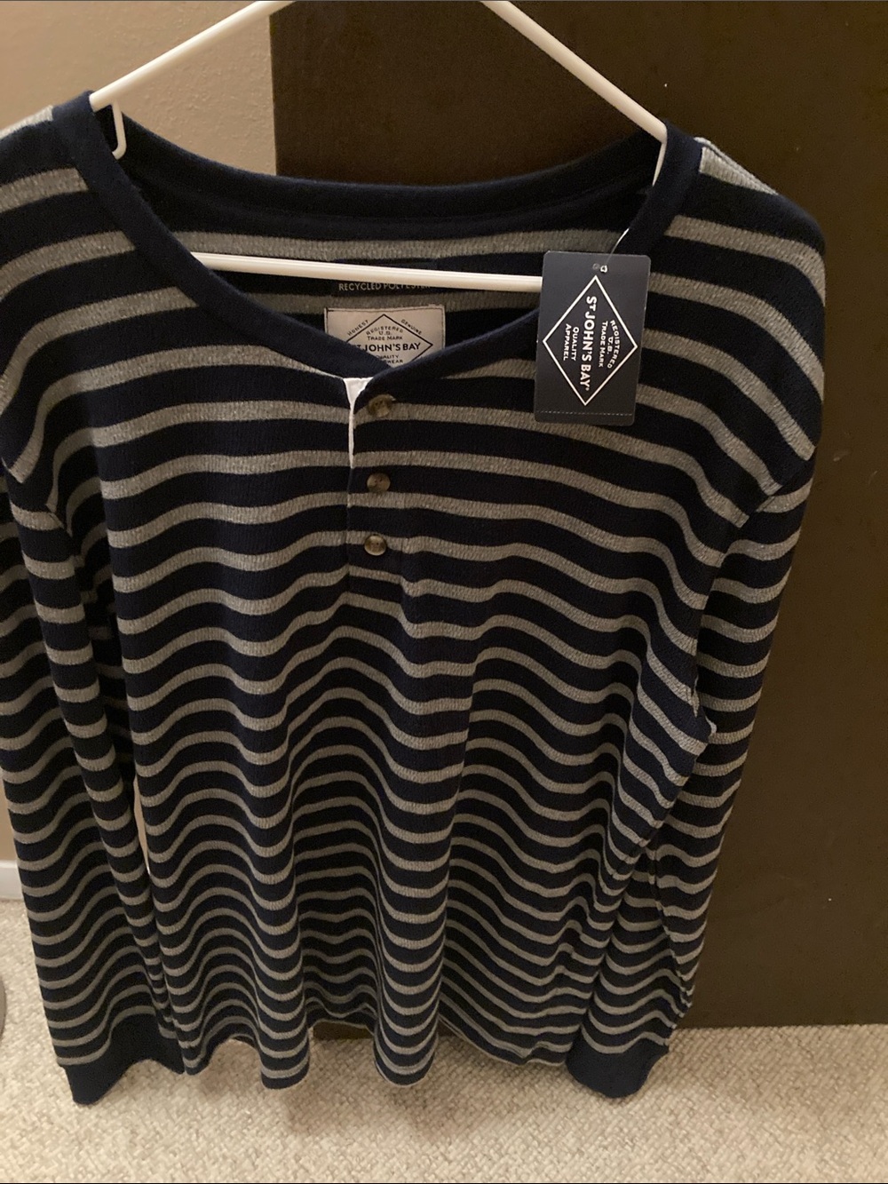 St. John's Bay Navy and Gray Striped Long Sleeve Henley